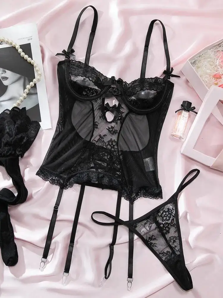 حار بيع مثير الرباط حزام أسود مثير الدانتيل المشذبة شفافة داخلية شبكة Bowknot ملهى ليلي ارتداء للمرأة داخلية 6MUQ