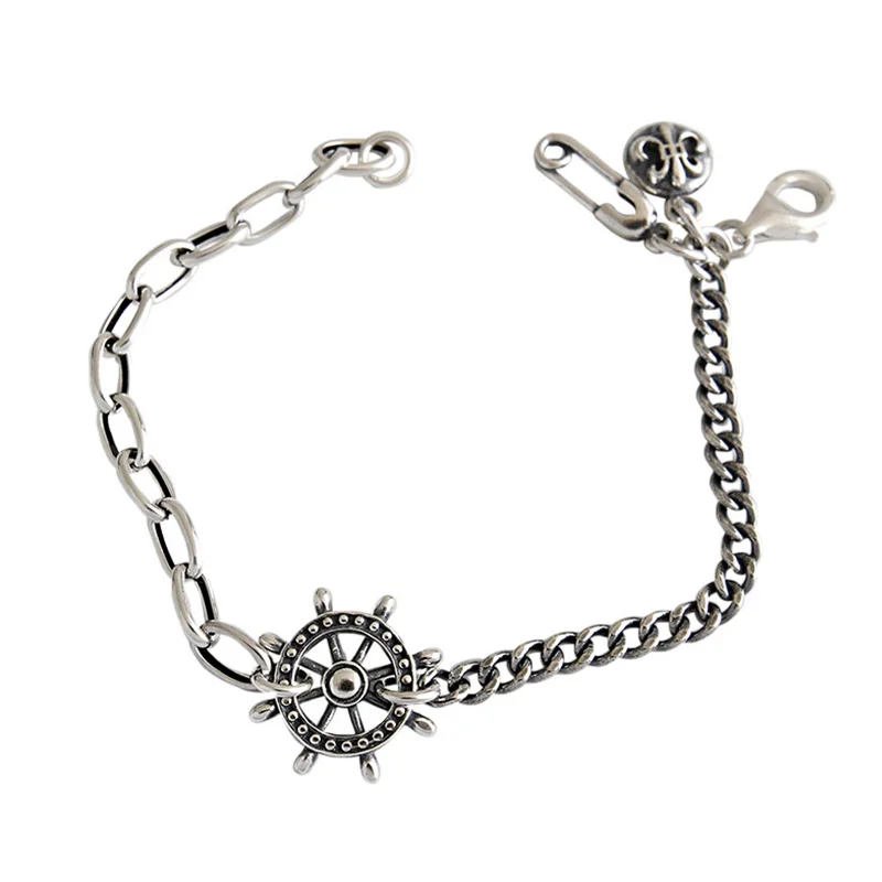 Fashion 925 Sterling Silver Anchor Chain Rudder Bracelet For Women Or Men