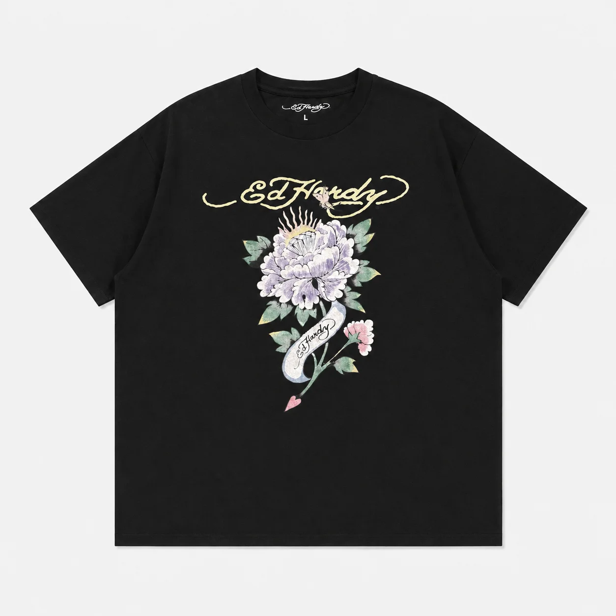 Ed Hardy Lila Pfingstrosenblüten-Herz-Pfeil-Banner-Print T-Shirt Unisex Locker Geschnitten Übergroß Harajuku Streetwear Baumwolle Sommer Grafik – Detail 4