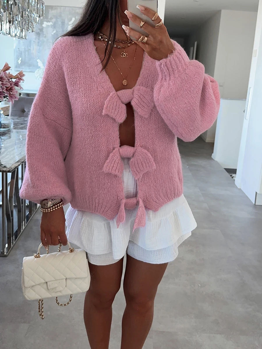 Women's Loose Knit Cardigan Cute Bow Tie-front Closure Solid Color Dropped Shoulders Sweaters Autumn Spring Long Sleeve Knitwear