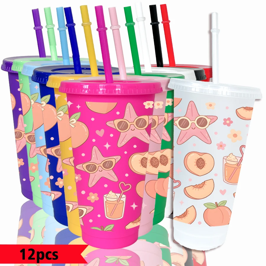 12pcs/pack Peach Starfish Drink Pattern 26oz Colored Plastic Party Cold Drink Cup for Back-to-school Birthday Gift