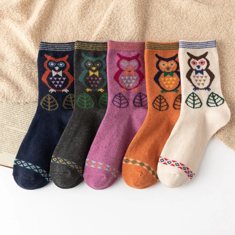 2023 New Winter Warm Thick Floor Sleeping Socks 5 Pairs Owl Plus Fleece Casual Cute Cartoon Mid-tube Women Wool Socks