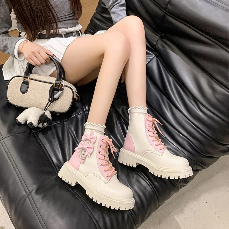 Booties Kawaii Combat With Laces Non Slip Woman Short Shoes Trend 2025 Pu Footwear Autumn Chic and Elegant Ankle Boots for Women