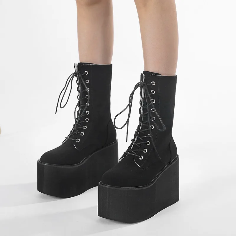 

Women Wedge Boots Plush Warm Winter Boots Suede Women Mid-calf Boots Lace Up Gothic Boot 11cm Height Increasing Platform Booties