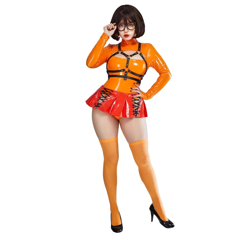 Anime Velma Seragam Cosplay Costume Women Sexy Leather Open Chest Bodysuit Skirt Socks Outfits Halloween Carnival Party Clothes