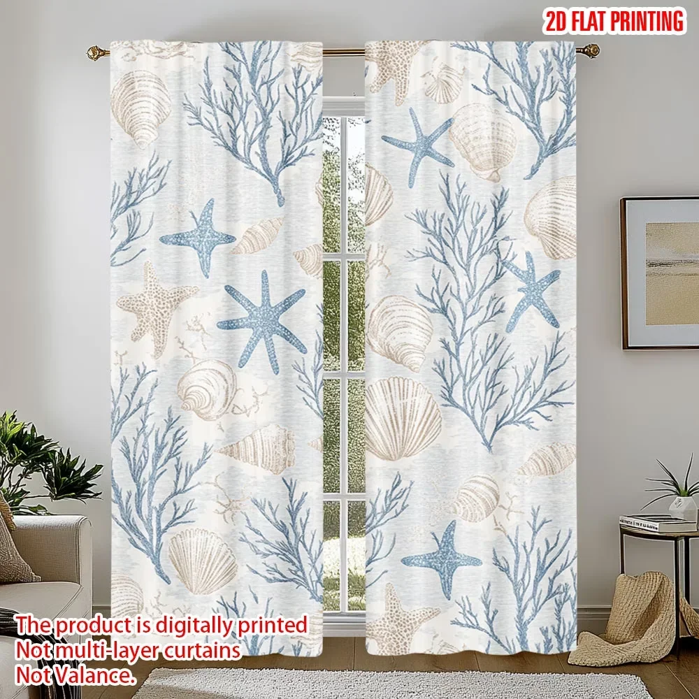 2PCS Digital Printed Curtains, Coral Seashell Beach Ocean Nautical, Window Treatments for Living Room Bedroom Kitchen Home Decor