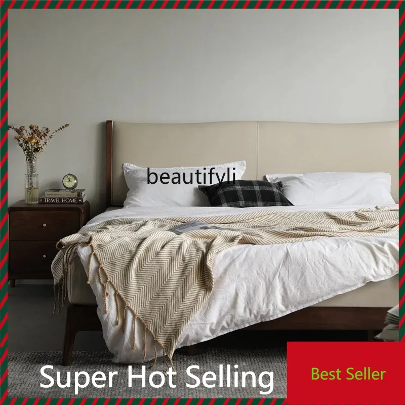 K132 Black walnut leather bed modern simple soft bag all solid wood master bedroom wedding bed