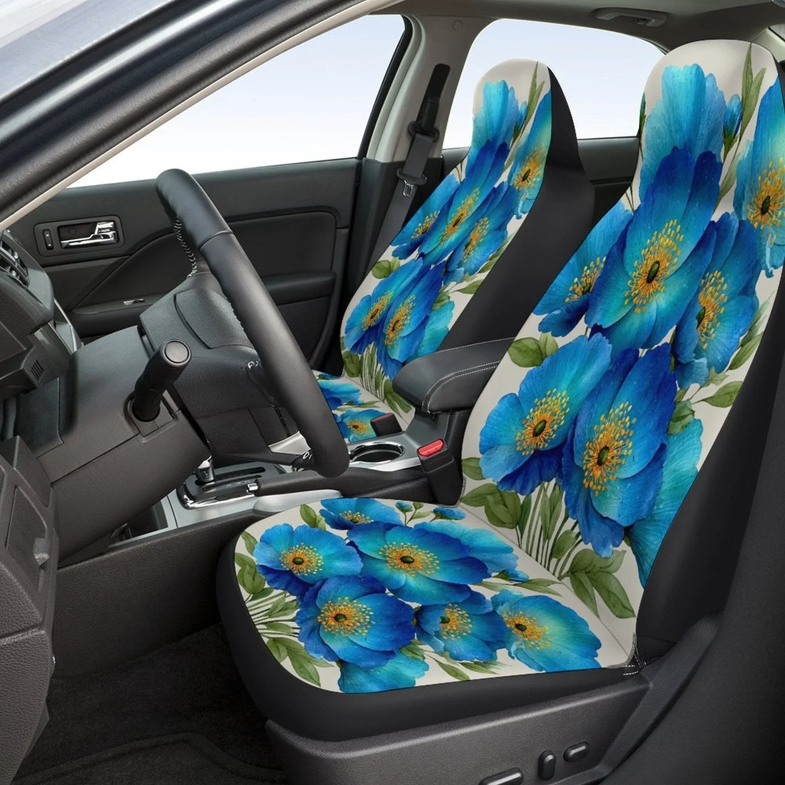 Blue Flowers Bouquet Designed Car Seat Covers Set For Most Cars, Trendy Novelty Decorative Car Seat Protector Covers Full Set, U