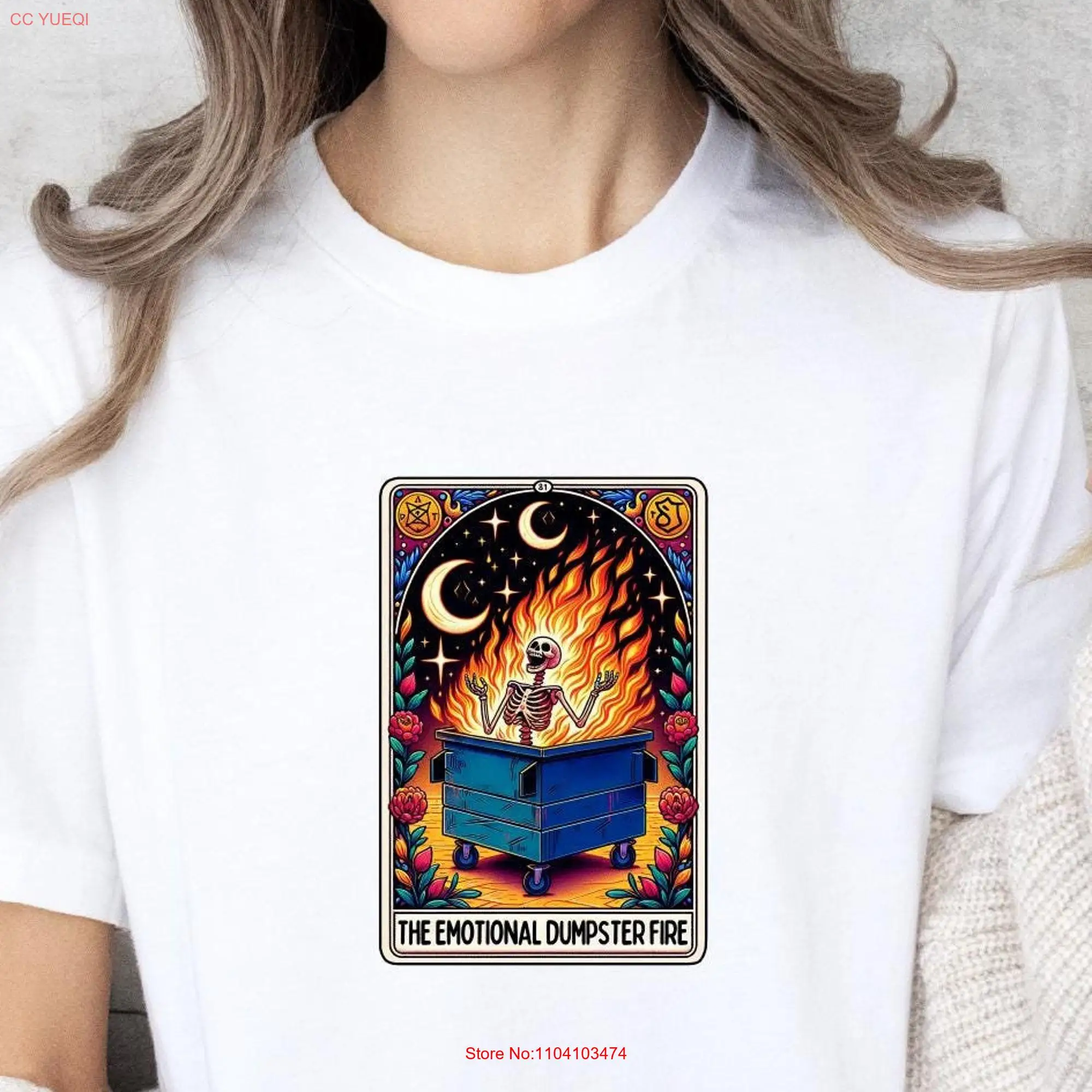 The Emotional Dumpster Fire Funny Tarot Card T Shirt Witchy Skull Skeleton Oversized Comfort Colors long or short sleeves