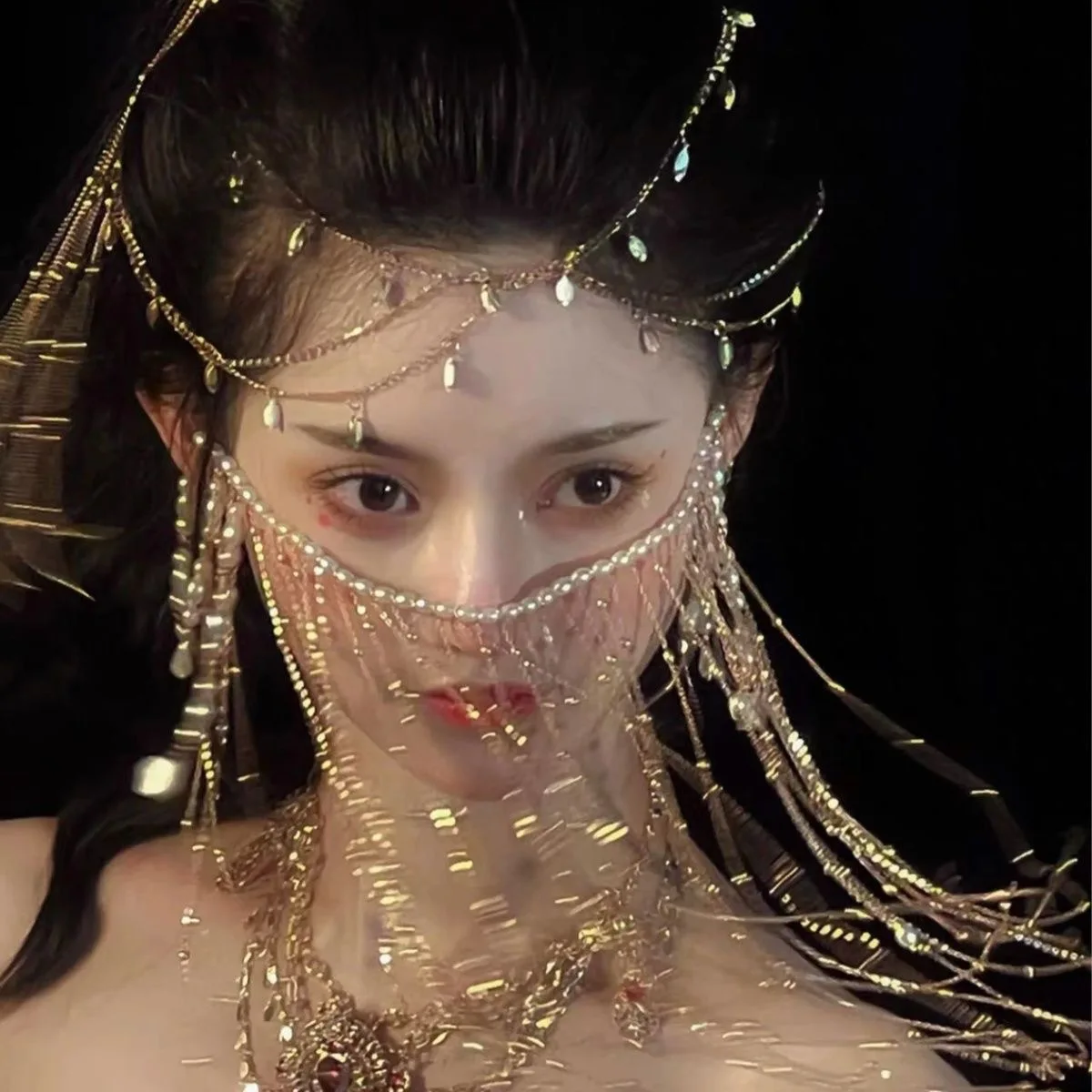 

Dunhuang Accessories Face Curtain Ancient Style Face Cover Veil Tassel Hanging Ears Hanfu Ancient Costume Headgear Face
