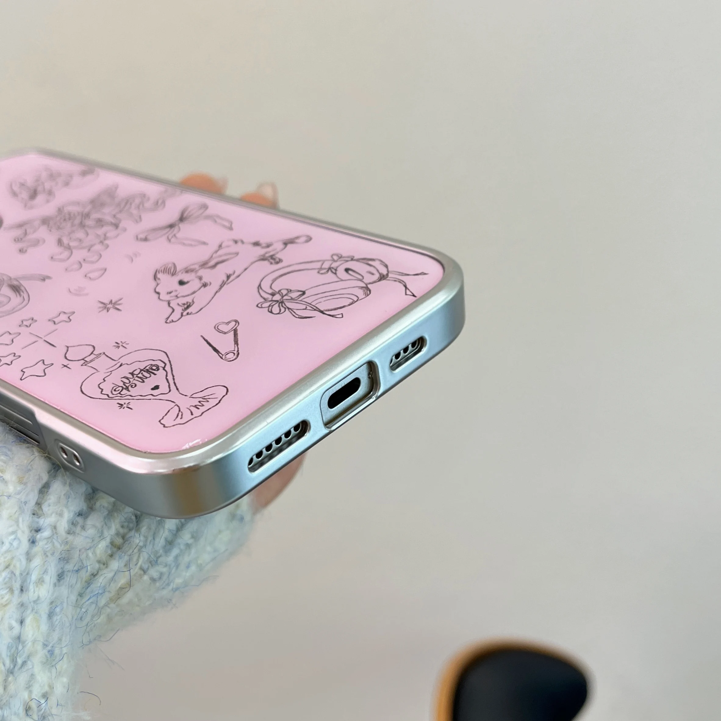 Ins Pink Angel Rabbit Cartoon Bow Love Heart Electroplated Edge Phone Case for iPhone 16 15 14 13 Pro Max 12 Back Cover Funda