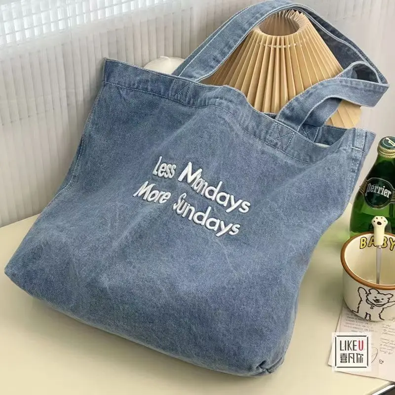 Vintage Denim Women's Shoulder Bags Embroidery Letter Girls Student Book Tote Bag Casual Female Large Capacity Shopping Handbags