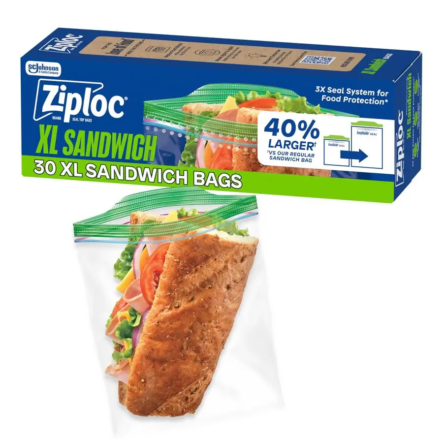 XL Sandwich and Snack Bags with EasyGuide Texture, Plastic Storage Bags with Grip n Seal Technology, 30 Bags Total