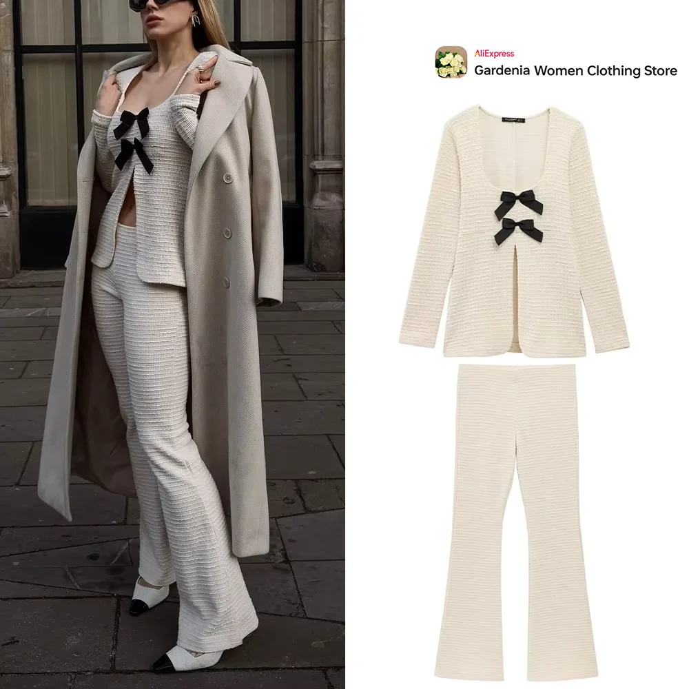 Elegant Chic Women Comfy Pants Set O-Neck Long Sleeve Textured Contrasting Bows Top with Slit Hem Matching Textured Flared Pants