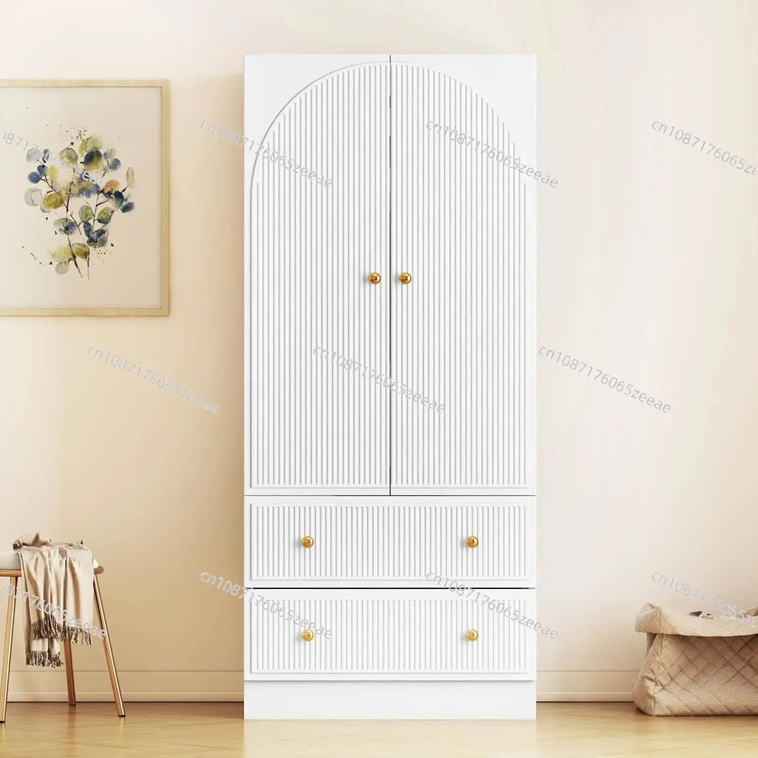 Freestanding Bedroom Armoire Wardrobe with 2 Storage Doors, Bedroom Chest Clothes Storage with Clothing Rod and 2 Drawers