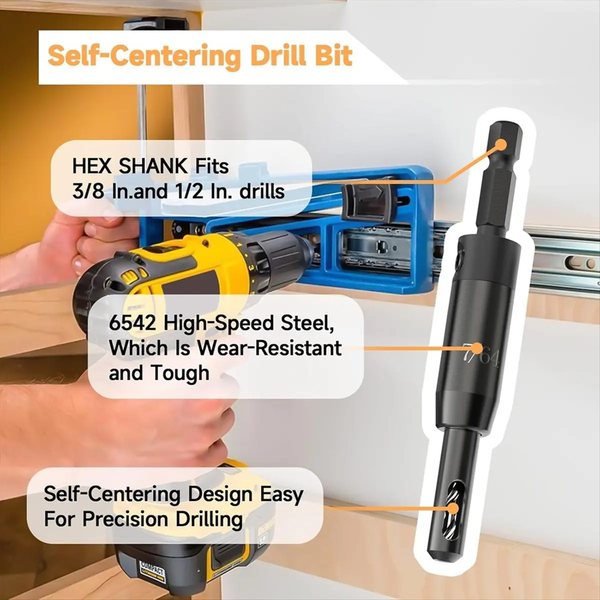 HITL Self Centering Drill Bit Set, for 1/4 in Hex Shank Drill, Countersink Drill Bits for Wood and Hole 3/32in, 7/64in, 1/8in