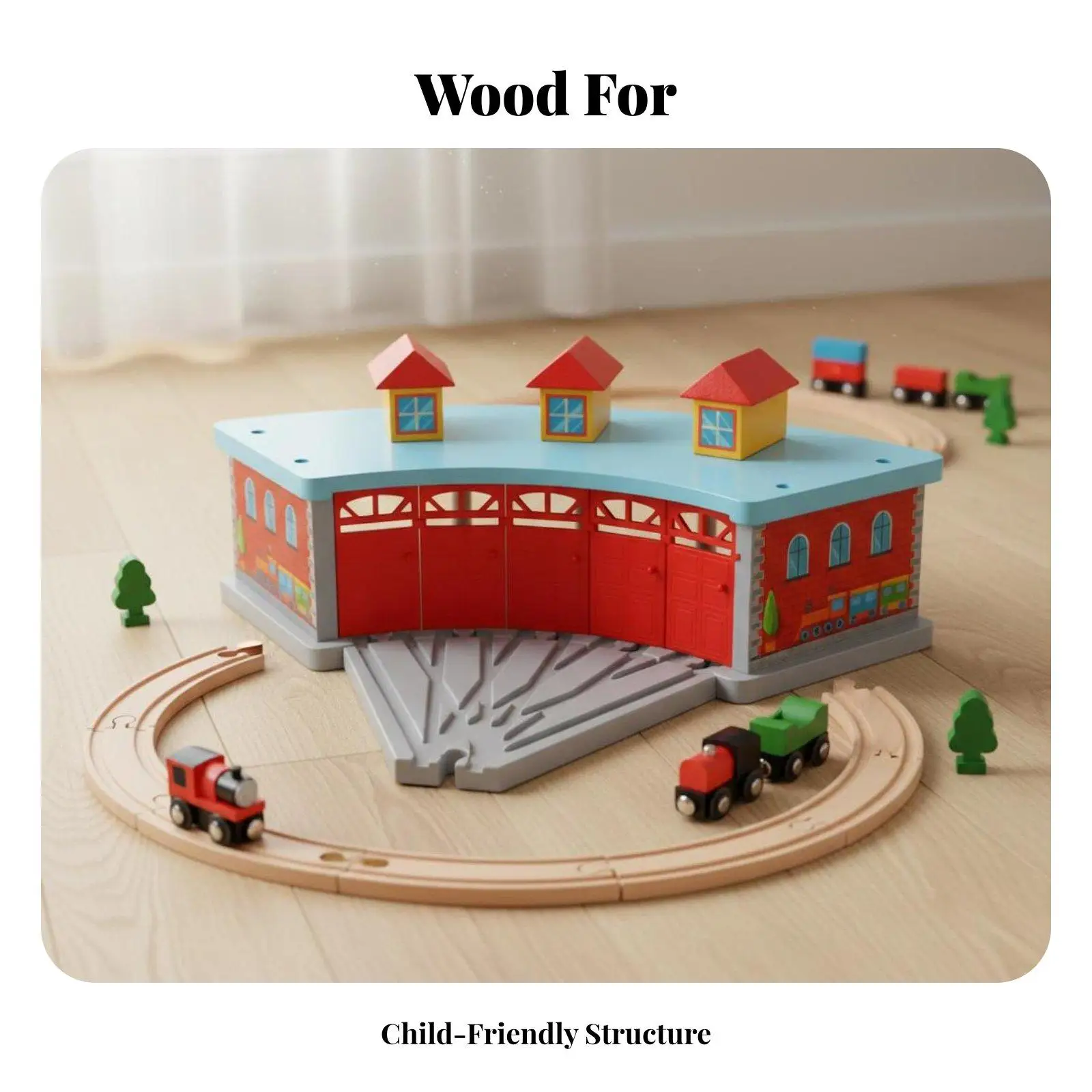 Childrens Wooden Railway Garage Five Bay Toy Storage Shed for Train Sets Interactive Play for Toddlers