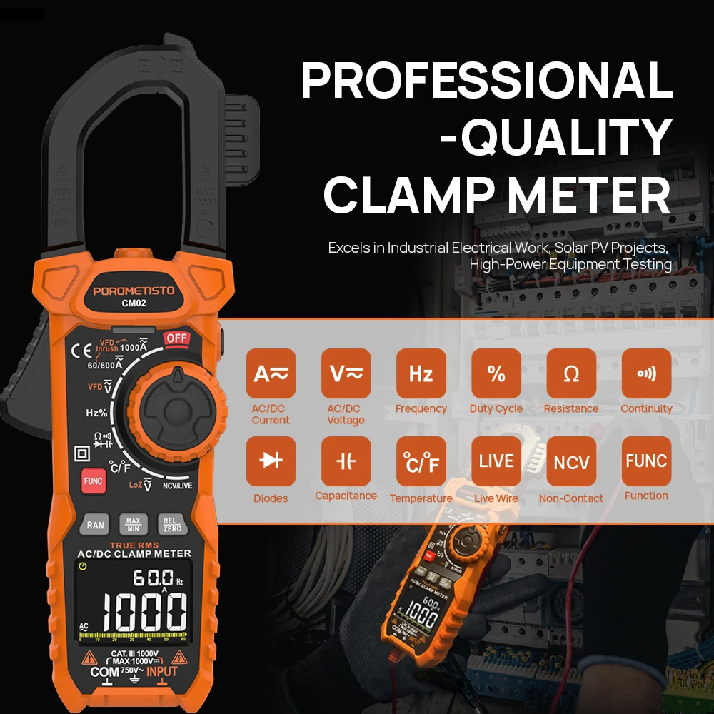 Inrush Digital Clamp Meter 1000A TRMS 6000 Counts Multimeter AC/DC Current Voltage Temp Resistance Capacitance NCV Ohm Hz Tester