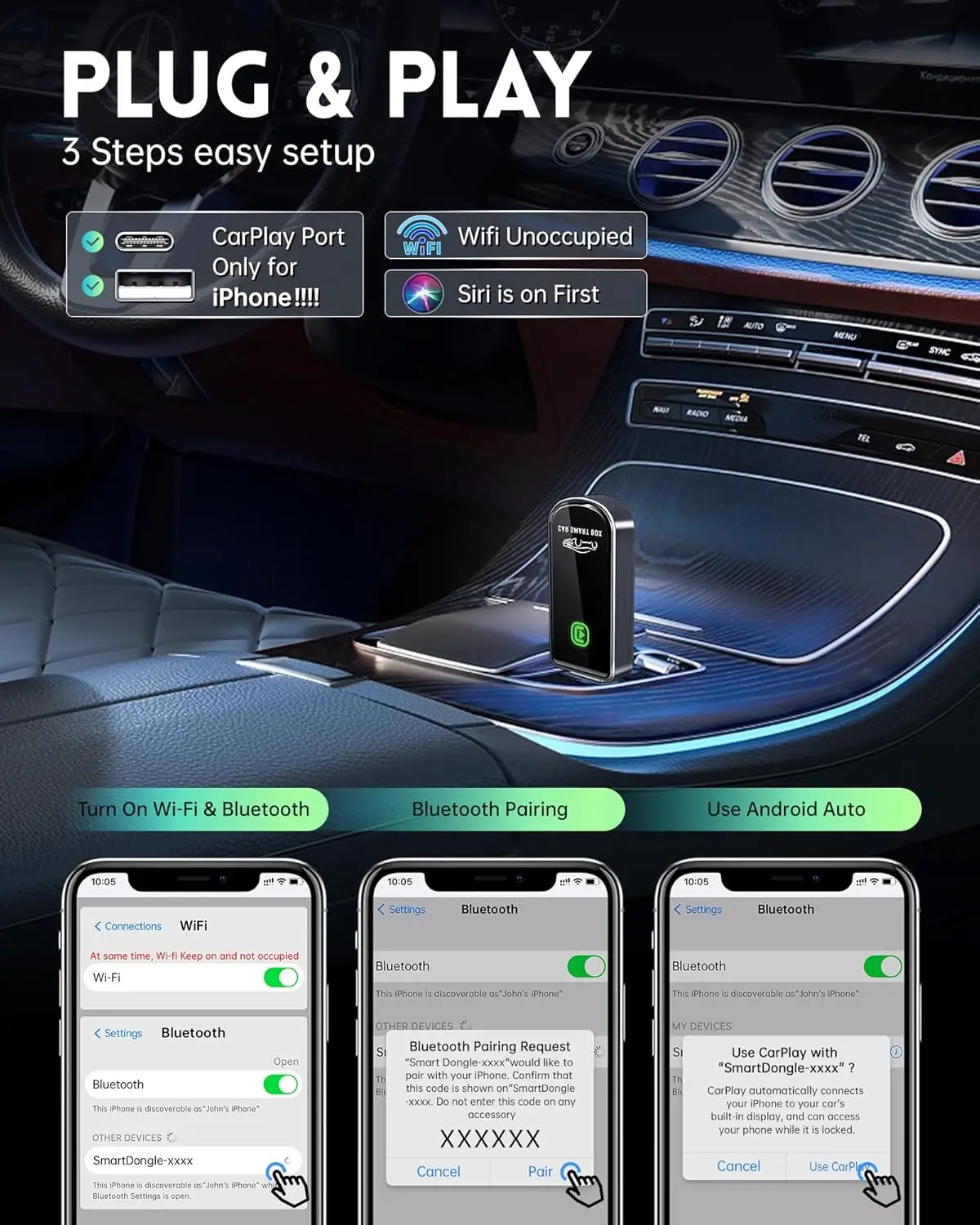 

Wireless CarPlay Adapter For Apple IOS 10+ & Cars From 2015+, Mini Edition, Convert Factory Wired To Wireless Car
