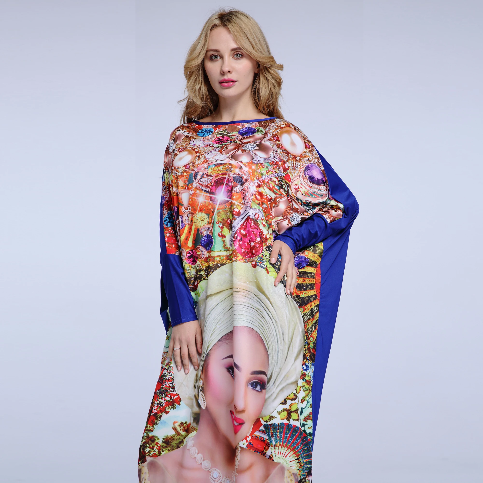 2024 African Dashiki New Fashion Design Bazin Super Elastic Party Diamond Loose Face Print Maxi Dress For Lady