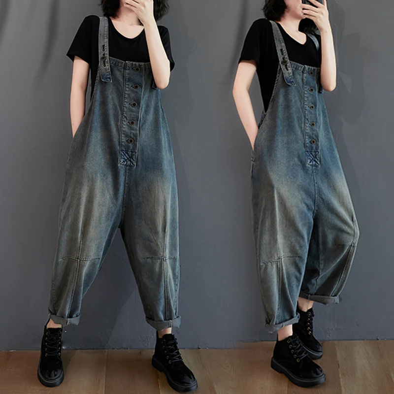 

Винтажные джинсовые джинсы с завышенной талией, большие размеры, женские повседневные комбинезоны с широкими штанинами, осенняя мода, художественный комбинезон