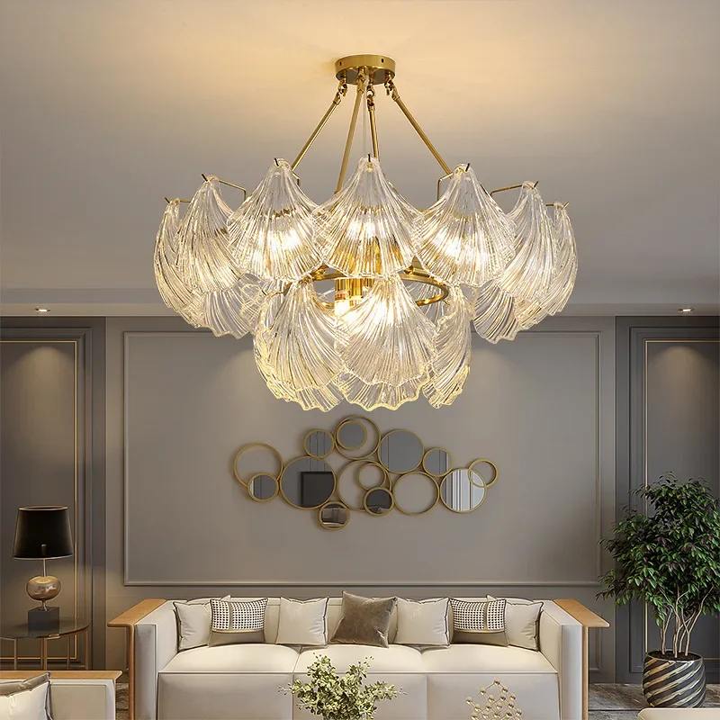 Modern LED French Retro Ceiling Chandeliers Shell Glass Pendant Lamp Living Dinning Room Bedroom Hanging Light Lustre Home Decor