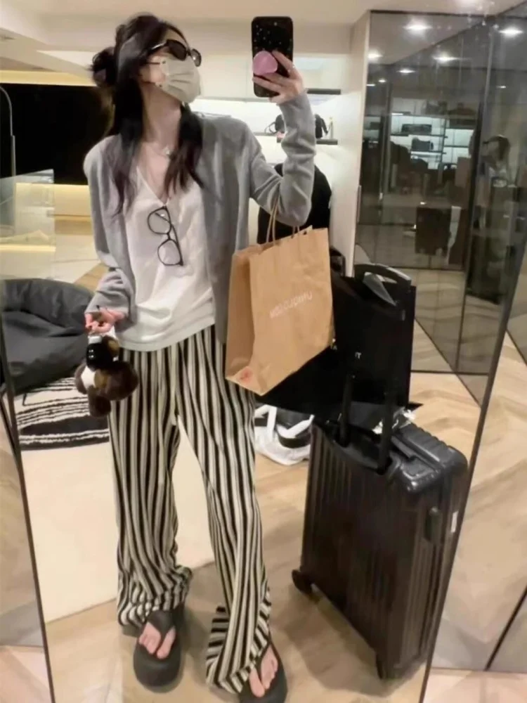 

Женские летние брюки с высокой талией и широкими штанинами, струящиеся, с вертикальными полосками, повседневные, черно-белые