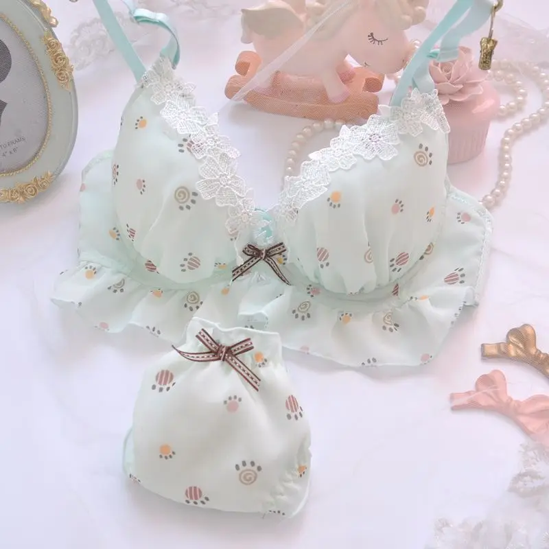 Japanese sweet small fresh lingerie deep V thin cup underwear hollow flowers embroidery bra set with large size A-E cups bras