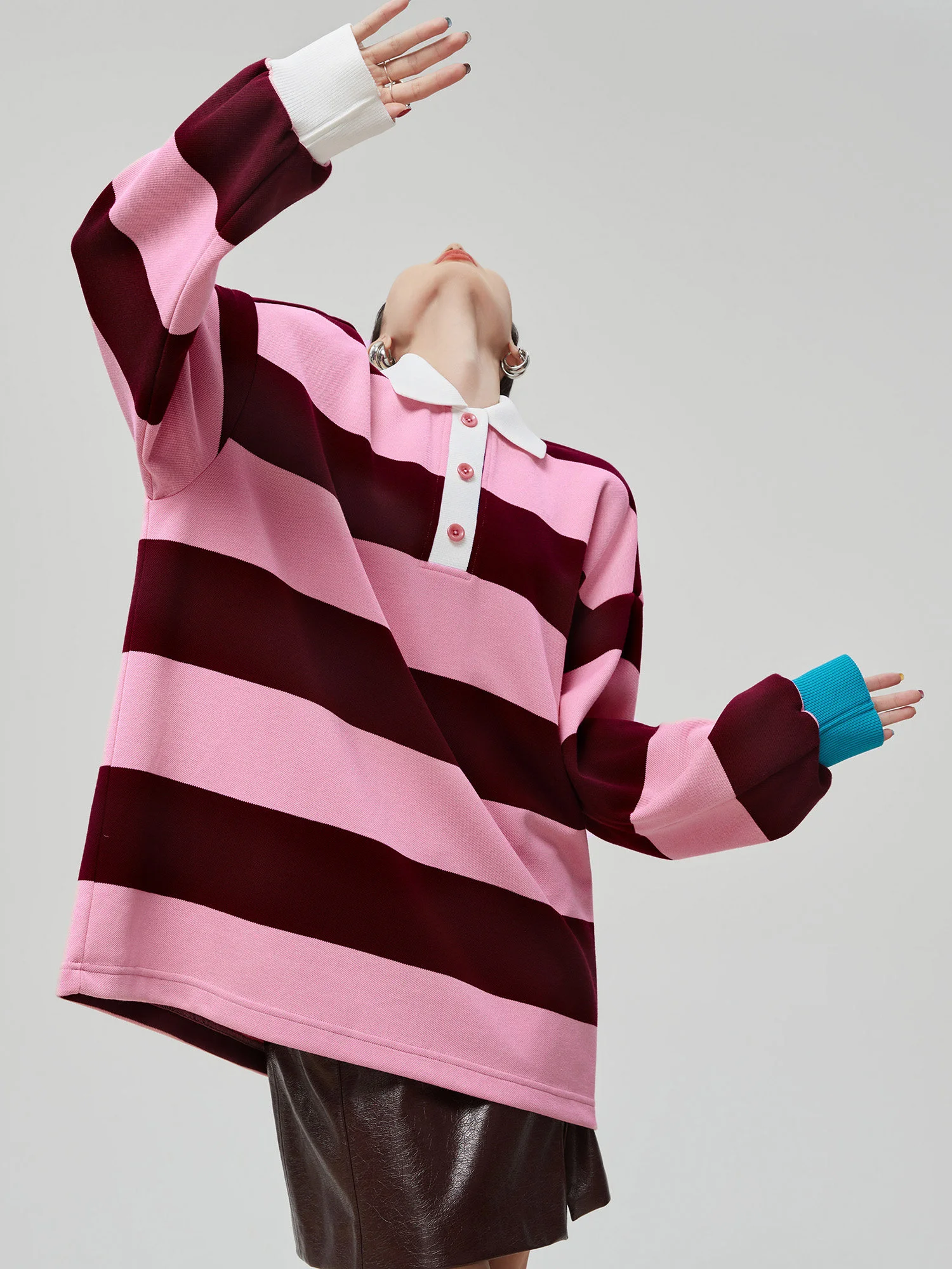 

Розовый полосатый свитшот Dopne для женщин: свободный крой, длинный рукав, стройнящий эффект, модный повседневный топ из полиэстера