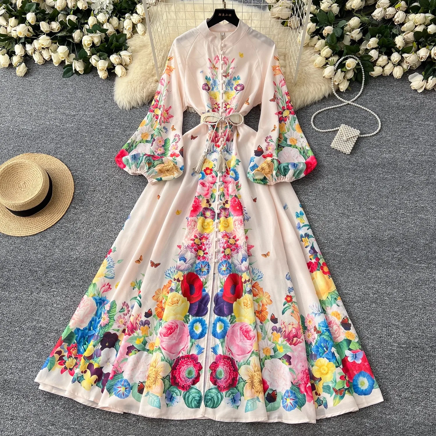 Primavera Autunno Vacanza Fiore Boho Abito da donna Stand Lanterna Manica Cintura A-Line Beach Party Vestido Bottoni Up Maxi vestiti