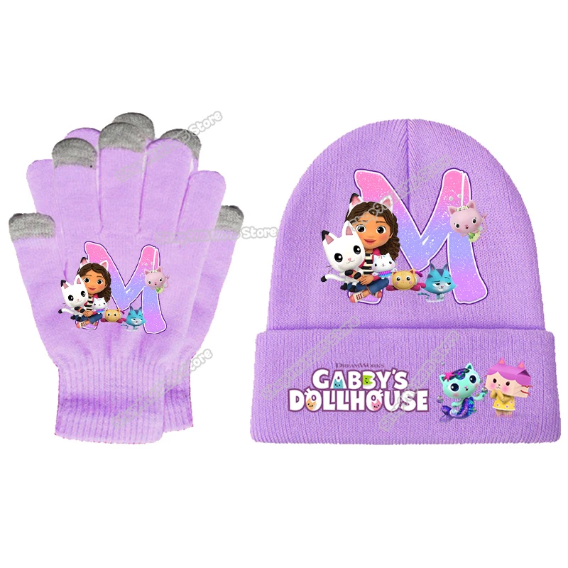 Gabbys-Conjunto de guantes y sombreros para casa de muñecas para niña, gorros de A-Z con letras bonitas, manoplas tejidas cálidas para invierno, guantes de dibujos animados, gorro de punto, 2 uds.
