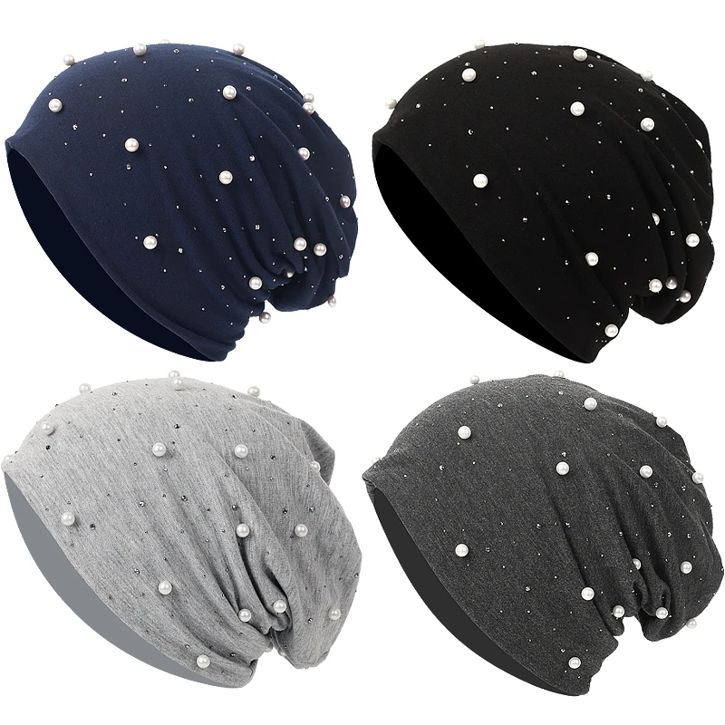 Women Pearl Rhinestones Beanie Headgear Solid Soft Autumn Winter Cap For Female Bonnet Fashion Knitted Autumn Outdoor Beanie