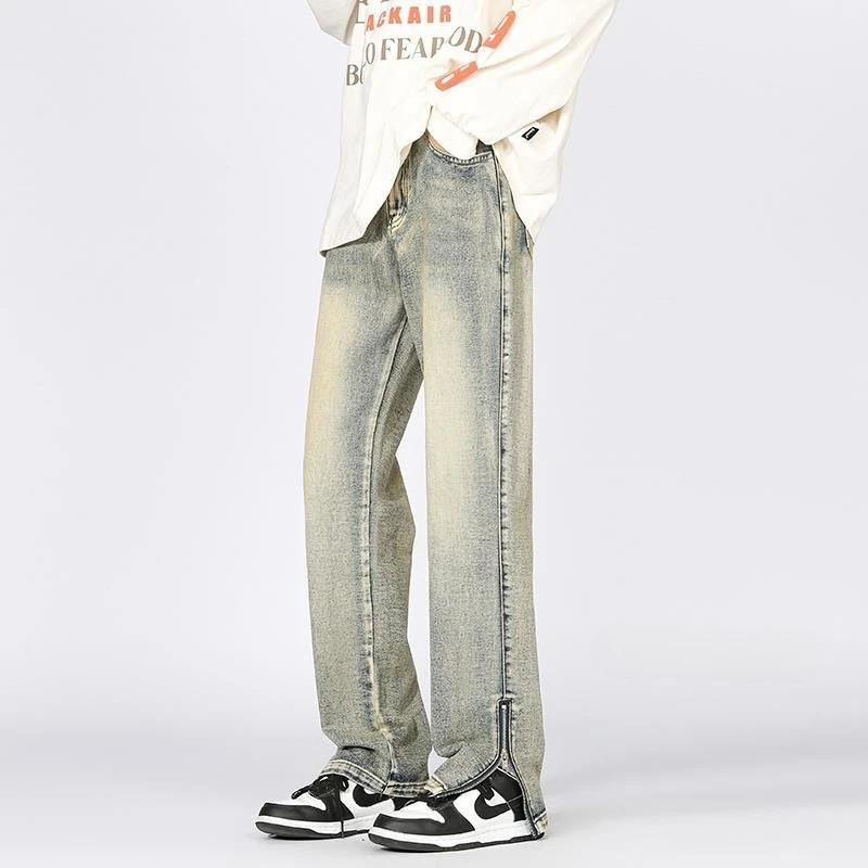 

Желтые джинсы, окрашенные в грязь, на молнии, с боковым разрезом, потертые, в американском стиле Vibe, модные брендовые узкие прямые брюки