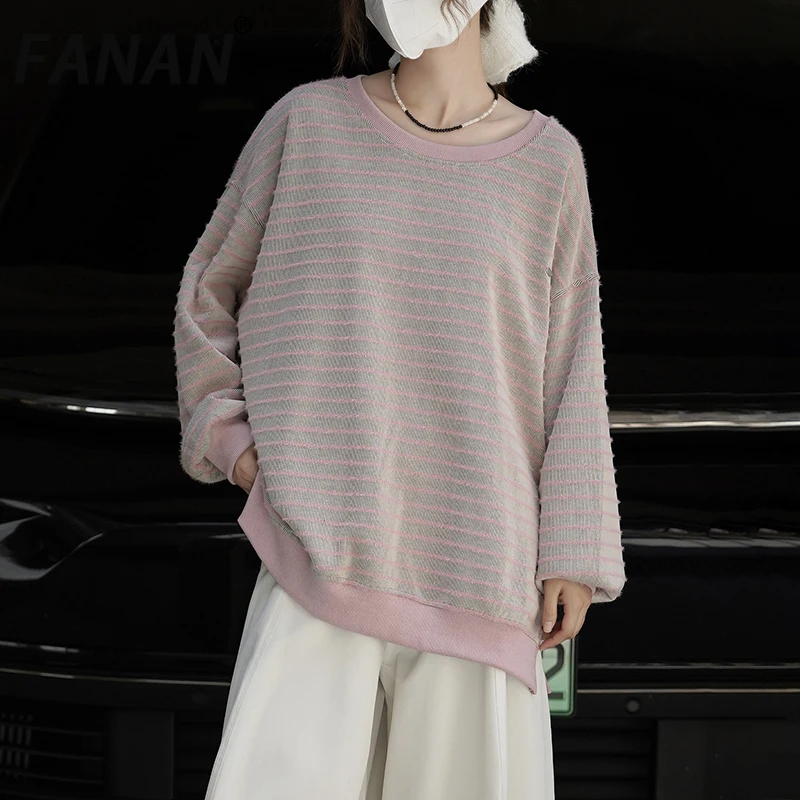 

FANAN Fashion Striped Contrast Color Sweatshirt Women's Round Neck Long Sleeve Casual Loose Tops Female Clothes 2025 Autumn New