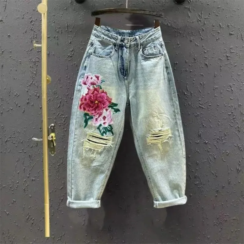 Etnikai szerelmes embroidered Farmernadrág 2021 Új Női Alkalmazkodó m Magas derékon cropped Hárem nadrágot washed Gyér Födémgerenda nadrágot Ingázó