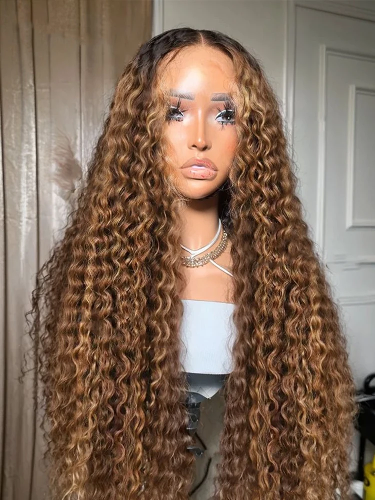 

HD 13x6 Highlight Brown Lace Front Wig Colored 30 40Inch Deep Wave Curly Human Hair Wigs 220 Density Water Wave Lace Frontal Wig