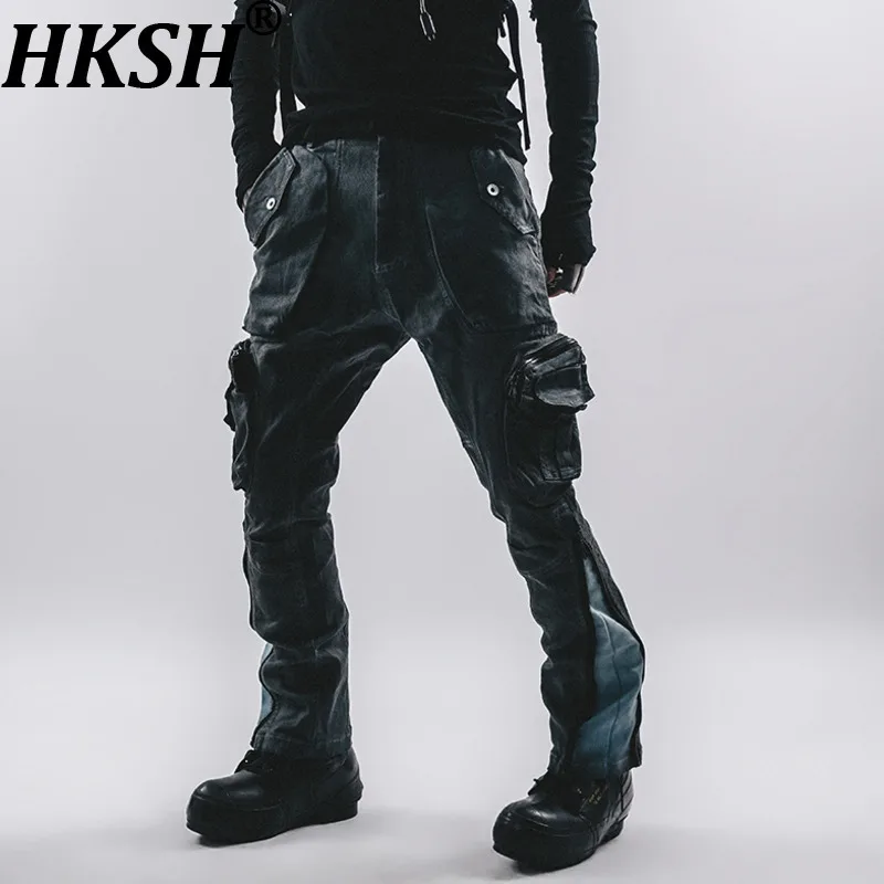 

HKSH 2026 Spring New Men Punk Waste Land Vintage Adjustable Slim Fit 3D Cut Multi-Pockets Washed Slim Casual Cargo Pants HK17079