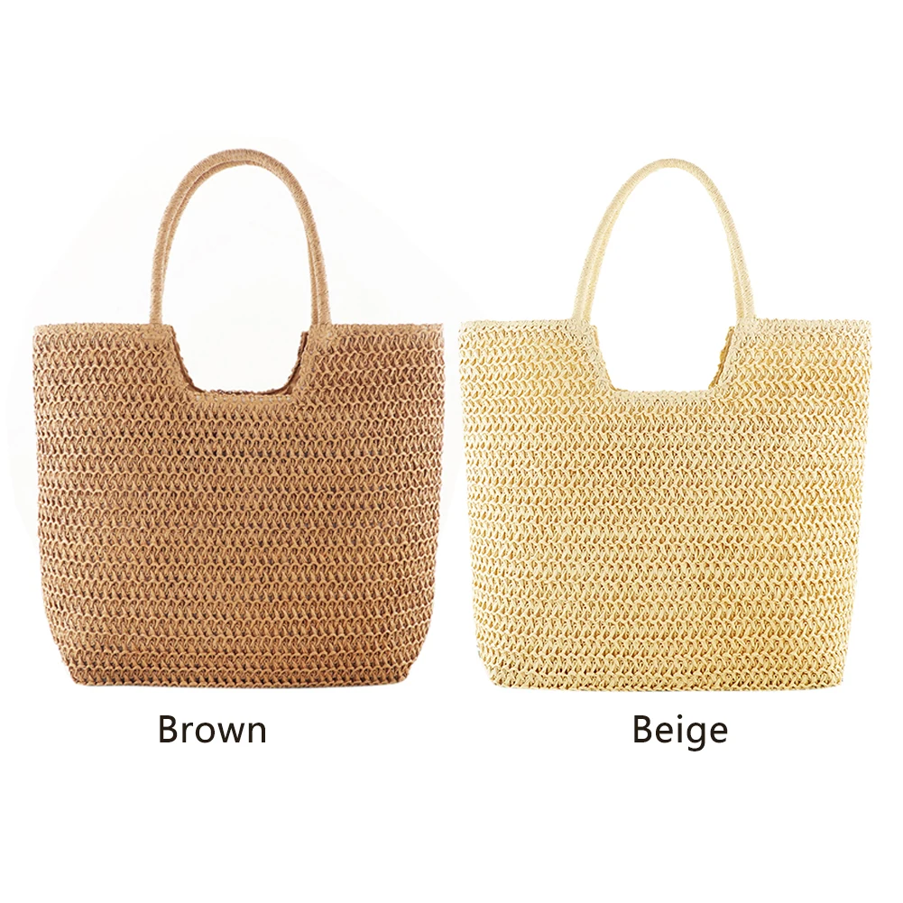 

Women Straw Tote Handbag Large Capacity Crochet Beach Handbag Solid Color Weaving Travel Handbag Ladies Summer Daily Bag