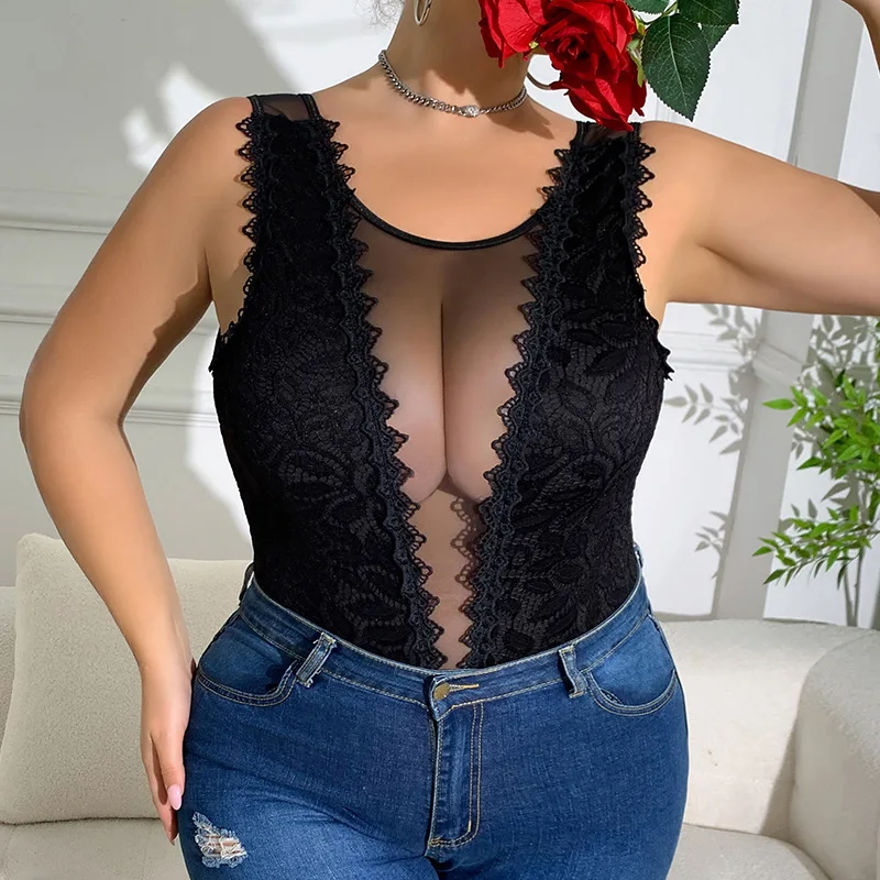 

Black Rhombus Lace Trim Slim Fit Sexy One-Piece Top Plus Size Slimming