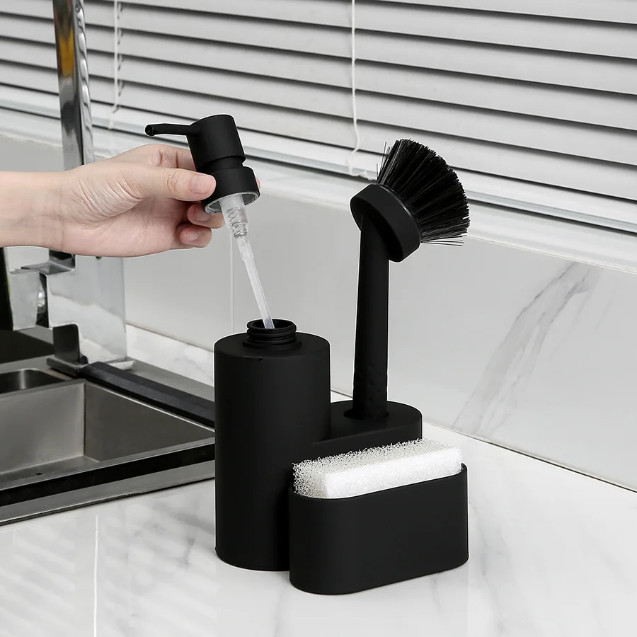 Modern Dish Soap Dispenser with Sponge Holder and Brush 3 in 1 Set for Kitchen Sink Countertop Organizer Matte Black