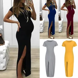 2023 Summer Maternity Dresses Solid Short Sleeve Bodycorn Maxi Dress Pregnant Women Side Slit Baby Shower Gowns Premama Clothing