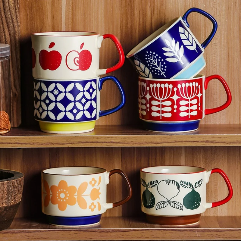 

Japanese Flower Coffee Mug Retro Ceramic Reusable Milk Oats Breakfast Mug Office Water Handgrip Cup Kitchen Party Drinkware New
