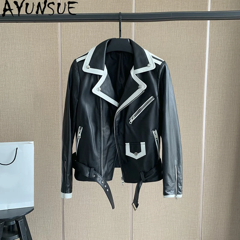 AYUNSUE 100% ของแท้Sheepskinหนังสตรีแฟชั่นรถจักรยานยนต์หนังแจ็คเก็ตเสื้อผ้าผู้หญิง 2025 ฤดูใบไม้ร่วงAbrigo Mujer