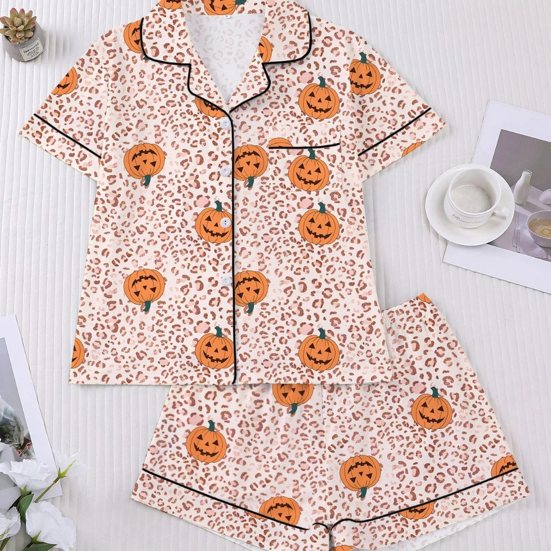 Christmas Themed Pajama  with Pumpkin Print Lapel Short Sleeve Short Trousers Loungewear Home Wear Set Clothes Gifts for Women