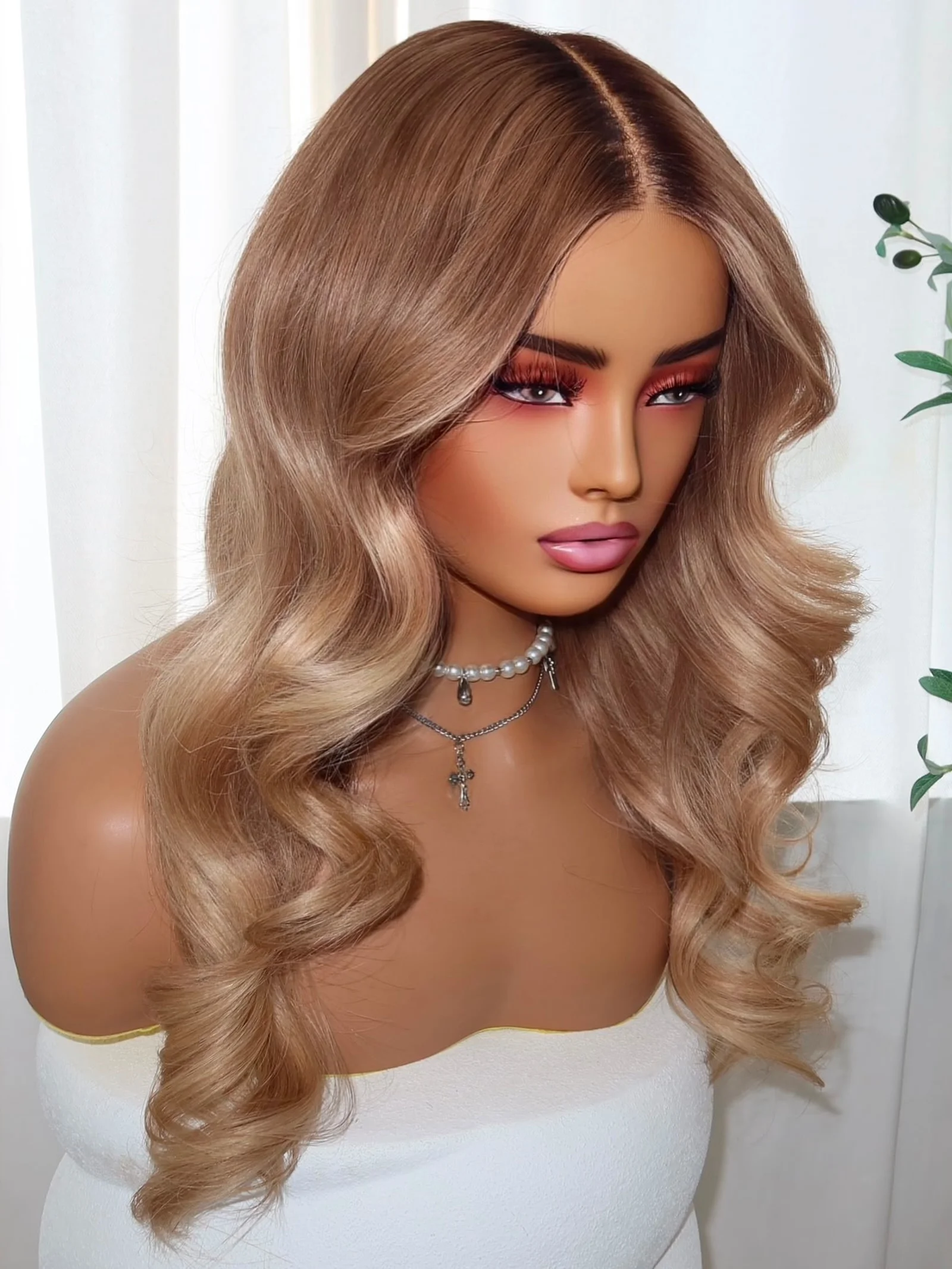 Women's Honey Brown Glueless Synthetic Lace Frontal Wig with Long Length Body Wave Highlights High Quality Hairpiece