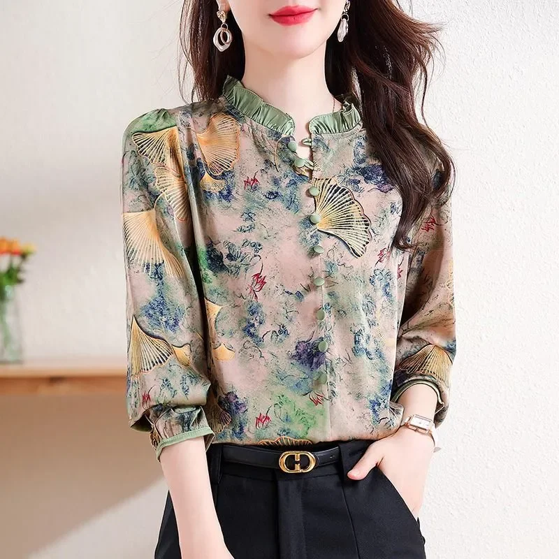 Women Chinese Style Mandarin Collar Blouse with Fan Print Loose Fit Three Quarter Sleeve Lightweight Casual Blouse