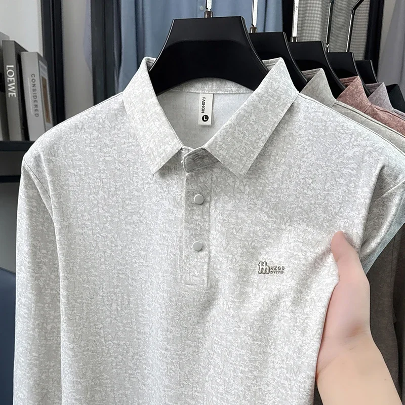 Male Lapel Collar Long Sleeve Polo Shirt Subtle Tone Jacquard Texture Button Placket Soft Fabric Daily Wear Polo Shirt For Men