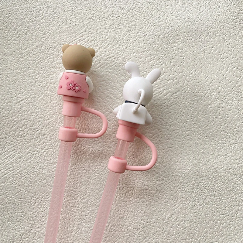 لطيف زهر الكرز الدب غطاء من القش ل 7-8 مللي متر سيبي 30 أوقية فنجان القهوة الغبار التوصيل قابلة لإعادة الاستخدام سيليكون غطاء من القش كوب الملحقات