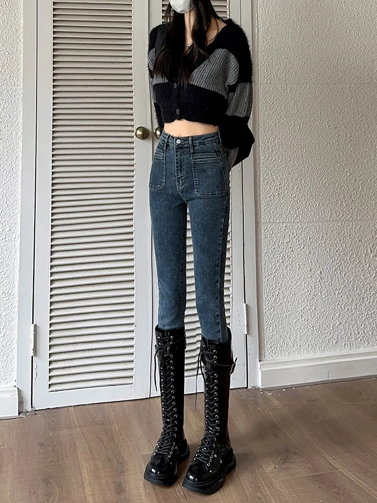 

Женские джинсы с высокой талией на флисовой подкладке, облегающие, осенне-зимние, новые, укороченные, утягивающие, фасон «карандаш», из смесового хлопка и полиэстера