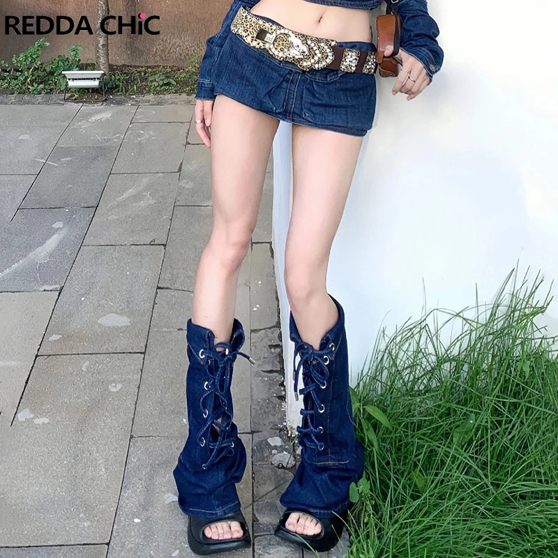 

ReddaChic Thigh-high Lace Up Denim Leg Warmers Dark Blue Bandage Boots Cover Grayu Harajuku Women's Gaiter Grunge Y2k Streetwear